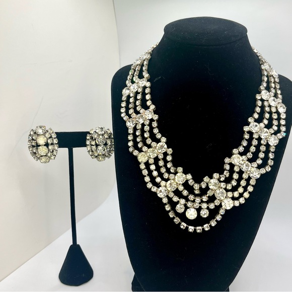 Vintage Multi Strand Rhinestone Necklace Earrings Set | Silver Tone | Statement - Picture 5 of 16